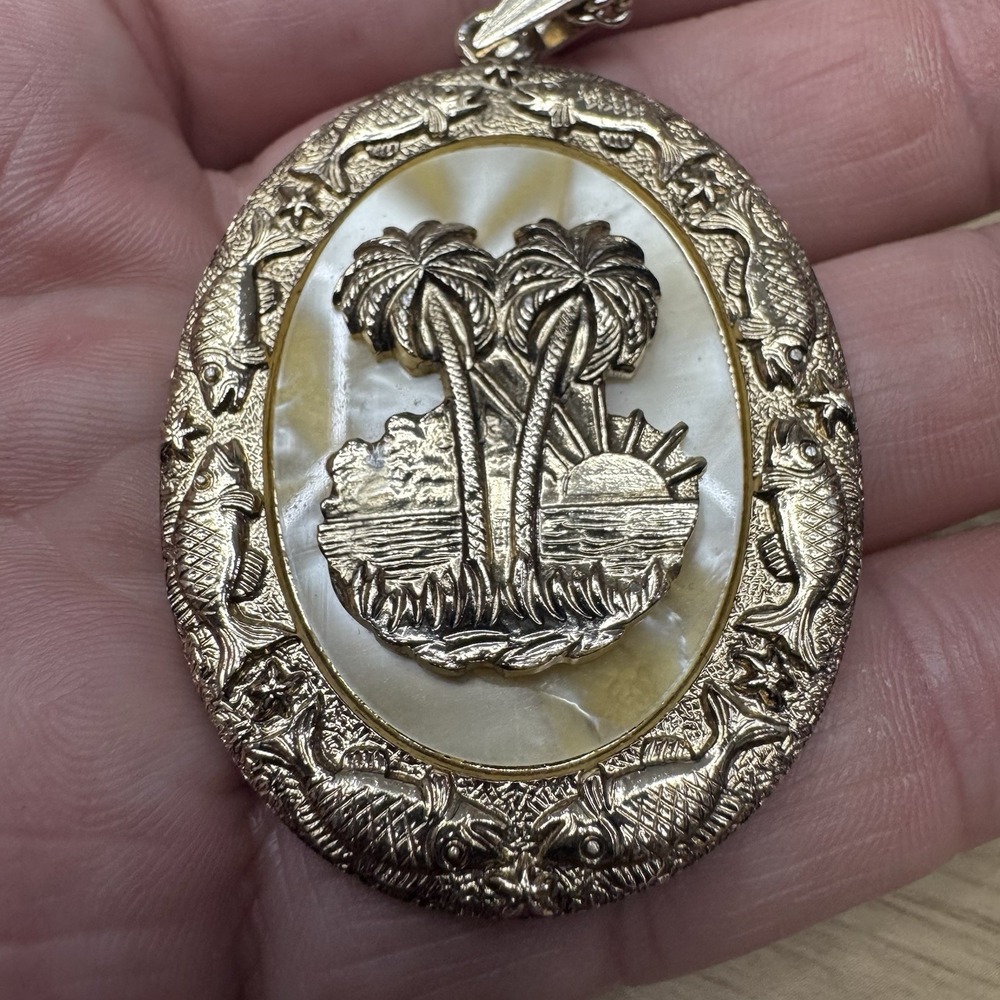 Franz Western Germany Pendant Necklace Palm Trees Fish Border Gold Tone Vintage